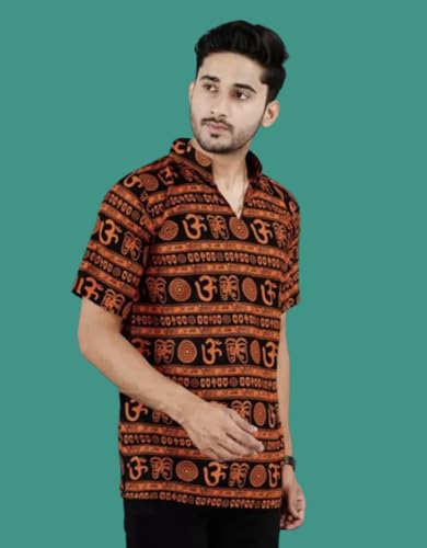 Image of THE MAKKI Trends - Om Printed Kurta for Men & Boys | Cotton Half Sleeve Mahadev Mahakal Kurta T-Shirt for Events, Festivals, and Religious Ceremonies (Regular)