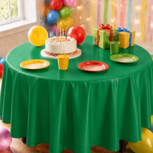 Image of Party Dimensions Green Disposable Plastic Tablecloth for Round Tables (12 Pack) Table Cloths for Parties, Events & Weddings, Indoors & Outdoors, 84 inches, Plastic Table Cover | Disposable Waterproof Table Cover for Birthdays, Weddings, Graduations, Picnics & BBQs, Indoor /Outdoor, Fits Tables up to 72 inch
