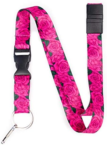 Limeloot Pink Roses Premium Lanyard with Breakaway, Release Buckle, and Flat Ring.