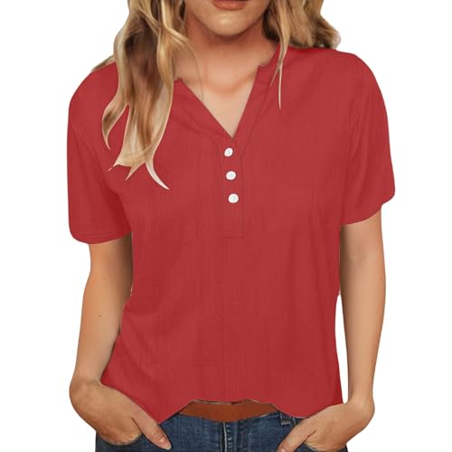 Women's Summer Casual Tops Cotton Linen Short Sleeve Tunics Shirts Fashion Solid Button V-Neck Loose T-Shirt Blouse Cotton Tops for Women Trendy Red L