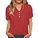 Women's Summer Casual Tops Cotton Linen Short Sleeve Tunics Shirts Fashion Solid Button V-Neck Loose T-Shirt Blouse Cotton Tops for Women Trendy Red L