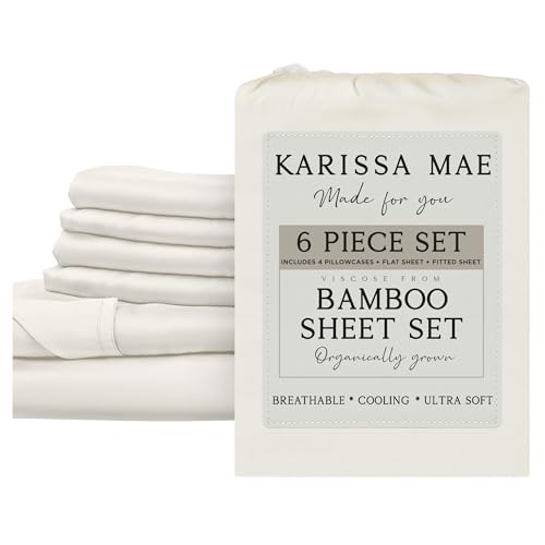Image of KARISSA MAE 6 Piece Luxury Bamboo Viscose Queen Sheet Set, 4 Pillowcases | FSC Certified | Cooling | Ultra Soft | 18 inch Deep Pockets | Elastic Corner Straps | Includes Organizer Band [Ivory]