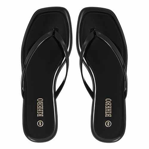 Image of Rihero Flip Flops for Women Comfortable Square Toe Beach Sandals Slip On Leather Thong Flat Sandals Dressy