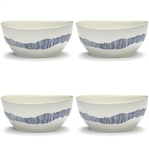 Small White Blue Food Bowls Set of 4 | Feast tableware by Ottolenghi | Stoneware Microwave Safe Bowls | Dish Set, Dinnerware Sets for Pasta Noodles, Cereal, Soup Bowl, Serving Bowl