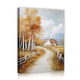秋の風景キャンバスウォールアート素朴な小道プリントポスター森林とコテージシーンキャンバスアートワークヴィンテージ農家の壁の装飾55x70cmインナーフレーム