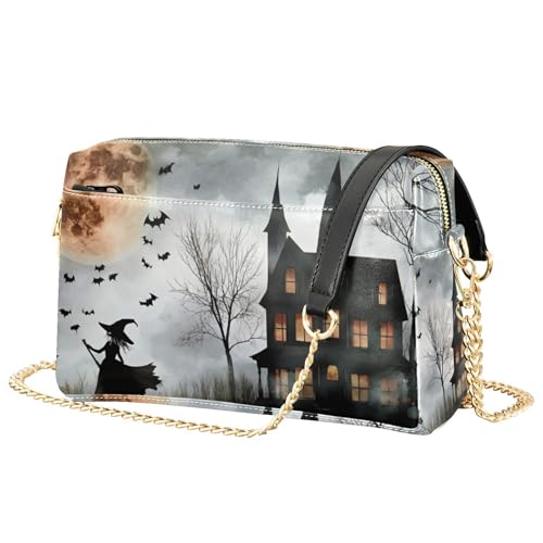 Haunted House Witch Halloween Crossbody Bags for Women, Small PU Leather Crossbody Purses and Handbags for Shopping Travel