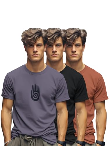 BULLMER Trendy Printed Cotton Blend Crew Neck/Round Neck Half Sleeve Regular Fit Tshirt for Men - Pack of 3_Purple / Black/Brick_Large