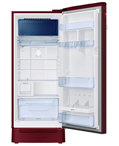 Image of Samsung 209L 3 Star Inverter Direct-Cool Single Door Digi-Touch Curd Maestro Refrigerator Appliance (RR23C2K33RZ /HL,Midnight Blossom Red) Base Stand Drawer