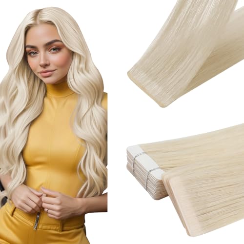 Image of Full Shine Invisible Tape in Hair Extensions Human Hair, Color 1000 White Blonde, Remy Injected Tape in Extensions, 14 Inch 20pcs 40g Silky Straight Natural Blend for Thin Hair