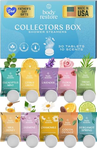 Product Image of the Body Restore Shower Steamers Aromatherapy 30 Pack – Fathers Day Gift for Dad, Birthday Gifts for Women & Men, Spa Stress Relief & Relaxation Self Care Gifts – Premium Collectors Box