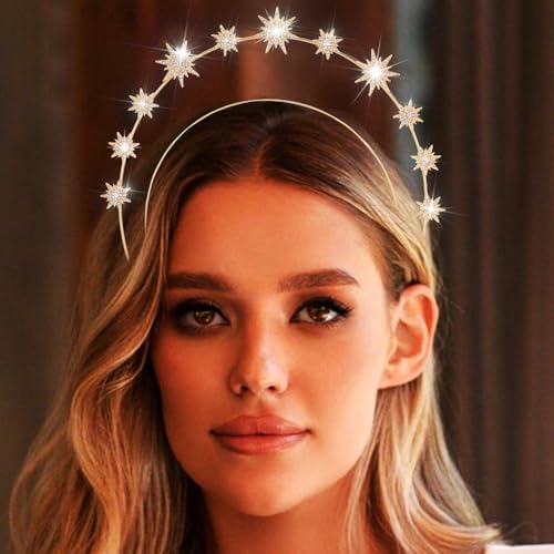 CAKURE Star Halo Crown Headband Rhinestone Gold Goddess Headpiece Metal Mary Celestial Crowns Bride Wedding Hair Accessories for Women, Alloy, Rhinestone