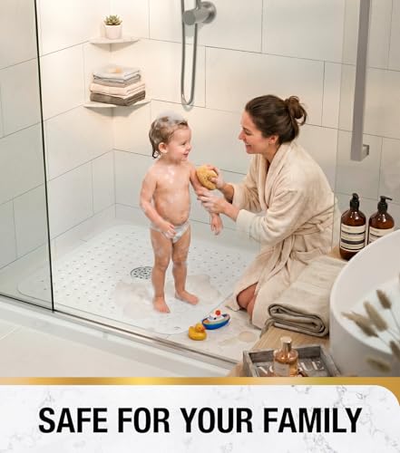 Image of HITSLAM Shower Bathtub Mat Non Slip, 24 inchx 24 inch Bath Mat for Tub, Soft PVC Shower Mats for Inside Shower with Suction Cups and Center Drain Hole, Machine Washable Bathroom Floor Mat, White
