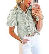 Disamer Womens Puffy Sleeves Tops Button Down Shirt Ruffle Shirt Short Striped Work Tops Trendy B...