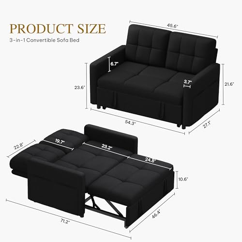 DWVO 55" Convertible Sofa Bed, 3-in-1 Sleeper Sofa with Pull-Out Bed, Linen Futon Couch with Side Pocket and Adjustable Backrest, Modern Loveseat for Living Room, Balck