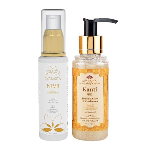Image of Svarasya Mineral Based Sunscreen and Natural Face Cleanser | Nivr Sunscreen Lotion Cream with SPF 21 PA ++ (50ml) and Kanti Natural Face wash for soft and nourishing skin