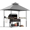 Grill Gazebo 8'x 5' Outdoor Grill Canopy BBQ Gazebo w/Air Vent, Barbecue Gazebo Canopy with 7 Hook Tools for Patio Backyard Barbecue Picnic, Grey