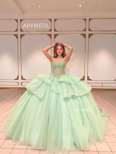 Puffy Tulle Quinceanera Dresses Strapless Ball Gowns Sweetheart Ruffle Sweet 16 Dresses Sparkly Evening Gown4