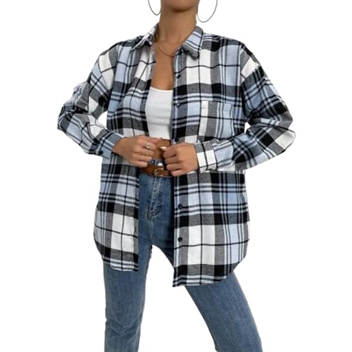 Consejos para Comprar Ferreoni . 45 Blostirno - Camisa de franela de manga larga con botones para mujer, estilo casual, estilo informal, blusa holgada, celeste1, L