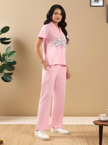 Image of Kvetoo Women Solid Tracksuit Set Cotton Lounge Wear Set Half Sleeve Polo T-Shirt & Straight Pant Casual Travel Outfit