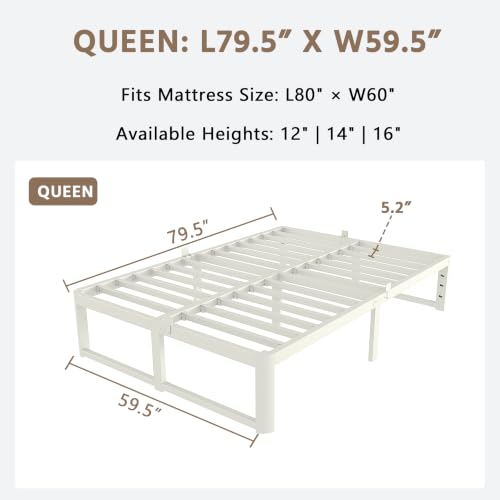 Image of ZTH Queen Size Metal Platform Bed Frame 16 in, No Box Spring Needed, White | Heavy duty support, Underbed storage, Noise-free design, Anti-slip clips, Rounded legs, Easy assembly, Headboard compatible