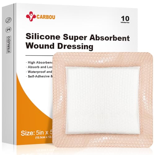 Carbou Silicone Super Absorbent Wound Dressing 5x 5 10 Individual Pack Self-Adhesive Waterproof Bandage Soft Highly Absorbent Dressing for Wound Care Burns Bedsores Traumas & Surgical Wounds