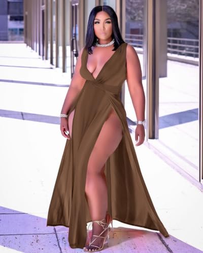 Image of Women's Plus Size Maxi Wrap Dress Sleeveless Deep V Neck Split Dress