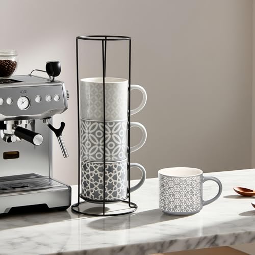 Image of Hiceeden Set of 4 Coffee Mugs with Metal Stand, 15 oz Stackable Espresso Cups Ceramic Coffee Mugs for Cocoa, Latte, Americano, Cappuccinos or Beverages