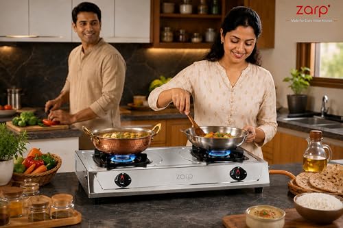 Image of ZARP 2 Burner Stainless Steel Gas Stove | ISI Certified Manual Ignition LPG Stove | Brass Burners with Pan Support | Durable Steel Body for Indian Kitchens | LPG gas chulha | 635x345 mm