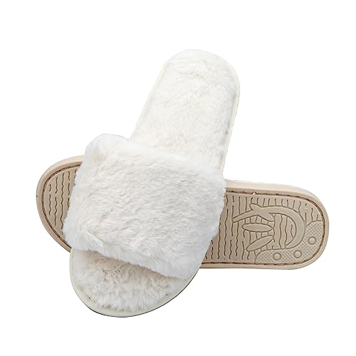 URbazaar Women‘s House Slippers Faux Fur Fashion Warm Shoes Woman Slippers Comfortable Home Furry Slippers,Lightweight Non Slip House Slippers For Indoor Outdoor(38/39)(38, White, numeric_38)