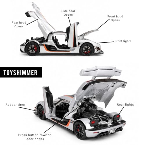 Image of 1:24 Scale Koenigsegg One:1 Diecast Model Car with LED Lights & Engine Sound | Premium Metal Body | Openable Doors via Roof Button | Realistic Collectible Toy for Kids & Adults- Silver
