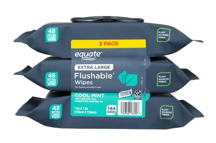 Equate Extra Large Flushable Wet Wipes, Cool Mint Scent, Plant Sourced Fibers, 7 x 7 Inch, 144 Count, 3 Pack