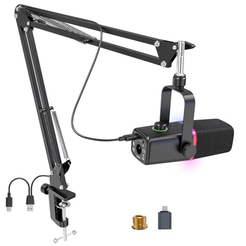 ZealSound XLR/USB Podcast Mikrofon mit Arm | RGB Dynamisches USB Mikrofon mit Mute-Taste & Gain-Regler | Studio, Streaming, Broadcast, Gaming, YouTube | Kompatibel mit PC Mac, Handy, PS4-5, Mixer-KD8S