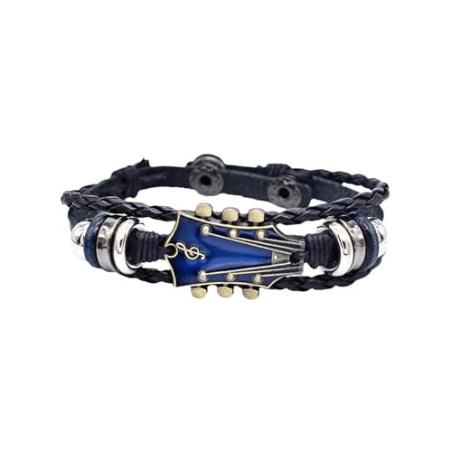 Image of Leather Bracelet for Men, Stylish Music Themed Guitar Bracelet, Adjustable Wristband for Casual Wear, Blue, Music Themed Gifts, 20.5 cm