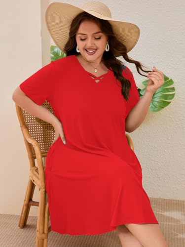 Image of AusLook Plus Size Midi Dress for Women Short Sleeve V Neck Criss Cross A Line Summer Casual Vacation Sundresses with Pockets