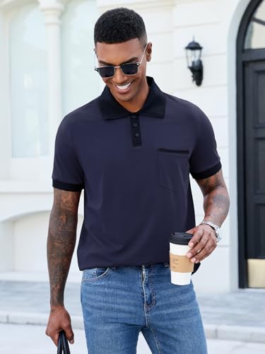 Image of Men's Casual Polo Shirts Summer Short Sleeve Contrast Collar Buttoned Tee Polo Shirt with Pocket