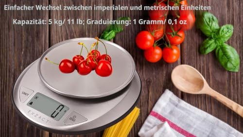 Exzact Elektronische Küchenwaage mit Großer Anzeige - Flüssigkeitsvolumen Messfunktion/Auto-Zero/Tare - 5kg/11lb – Ansicht 5