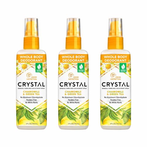 Crystal Deodorant Essence Spray 4 Ounce Chamomile/Green Tea, All Over Body Deodorant, (118ml) (3 Pack)
