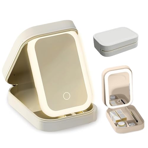 Aoreun Trousse de Maquillage avec LED Miroir, Trousse de Toilette avec Miroir LED, Portable avec Séparateurs Ajustables, Sac de Maquillage de Voyage avec 3...