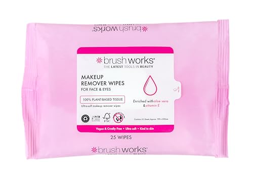 Brushworks Makeup Remover Wipes – 25 Ultra Soft & Gentle Facial Wipes with Aloe Vera & Vitamin E, Vegan & Cruelty-Free
