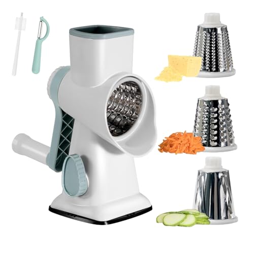 Rotary Cheese Grater, Uthvouxy Cheese Shredder with Strong Suction Base,Cheese Grater with Hand Crank for Kitchen with 3 Changeable Blades for Cheese,Vegetables,Nuts,Chocolate(WhiteBlue)