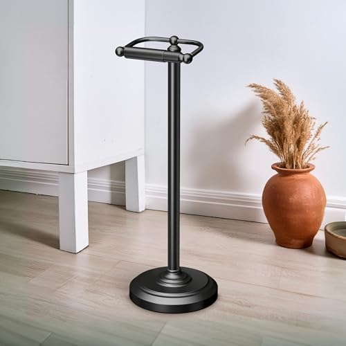 Image of Gatco 1436MX Toilet Paper Holder Stand, Weighted Base, Matte Black, Freestanding Bathroom Floor Stand, 22 Inch