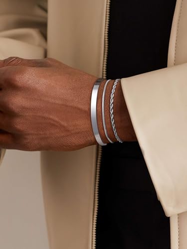 3 Pcs Chain Braclet for Men, Dainty Stackable Sterling Silver Bracelet for Men Non Tanish Simple Cuff Snake Rope Link Chain Bangle Bracelet Set for Mens Jewelry 6.5/7/7.5/8/8.5/9 Inches2