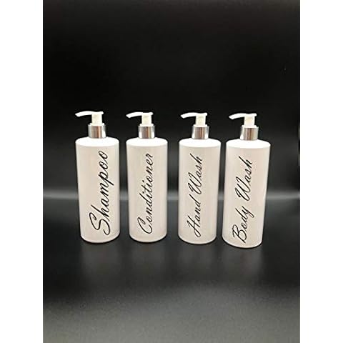 Mrs Hinch Inspired Set of 4 White Personalised Pump Bottles Bathroom Kitchen Set Shampoo Conditioner Body Wash and Hand wash (Black writing) Cover