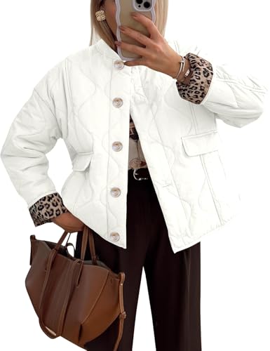 Flygo Women's Casual Quilted Puffer Jacket Leopard Lined Collarless Cropped Button Down Winter Warm Lightweight Bomber Coat