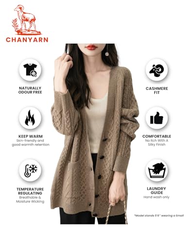 Image of Chanyarn Women's 100% Merino Wool Sweater 2025 Fall Winter V Neck Long Sleeve Vintage Cable Knitted Cardigan Sweater