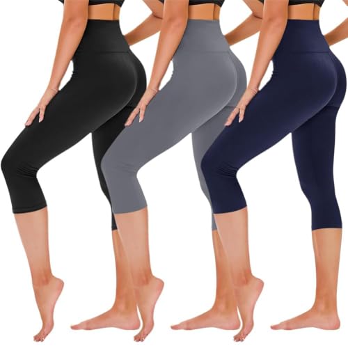 TNNZEET Capri Leggings for Women - Yoga Pants Tummy Control Black Leggings with Pockets High Waisted Workout Cycling Leggings No Pocket Small-Medium A-black