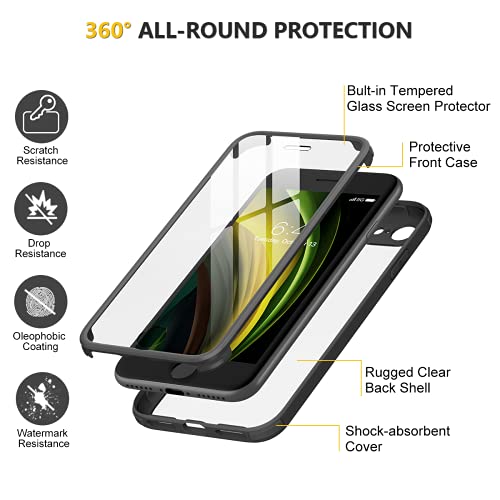 Image of Miracase for iPhone SE Phone Case 3rd /2nd Generation 2022 2020 Full-Body with Built-in Glass Screen Protector, Heavy Duty 360 Protective Shockproof Bumper Cover for iPhone 8 /SE 4.7 Inch, Black