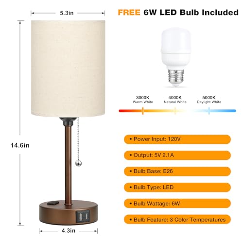 Image of Small Bedside Table Lamp for Bedroom, Desk Lamp with USB Ports for Dorm