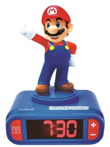 LEXIBOOK, Super Mario, Mario Nightlight alarm clock, Sounds and Melodies, LCD Backlit screen, Luminous, Snooze, Blue, RL800NILXB