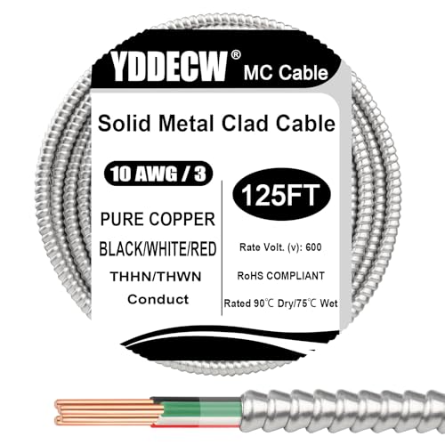 Image of 125ft 10 /3 Metal Clad (MC) Cable with Ground, 10 Gauge Electric Wire with Aluminum Armor, Solid Bare Copper Conductors for Indoor Outdoor Underground Embedded Installation (10 /3, 125 ft)